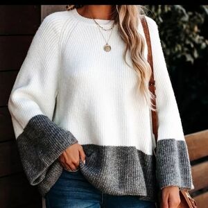 BOHO Flare Sleeve Bi-Color Knit Sweater Top Ivory Gray 😍 NEW!